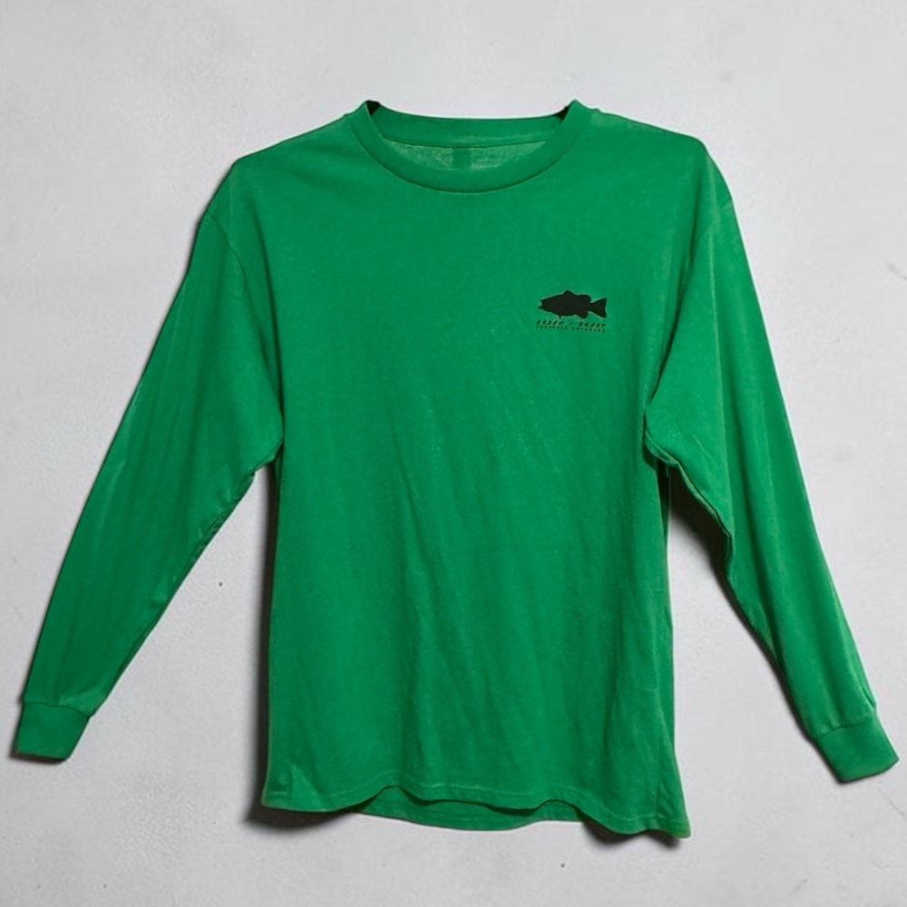 YXL. NWT. Ocean+Coast Irish Green Long Sleeve Tee with Fishing graphics on back.